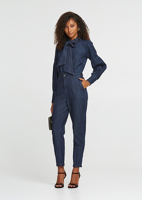 Denim jumpsuit with a high neck closure