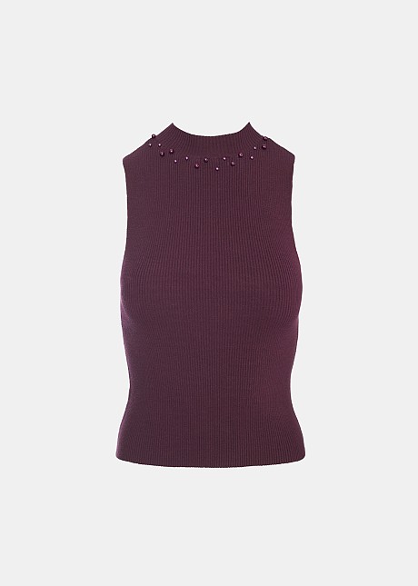 Sleeveless ribbed top with pearls