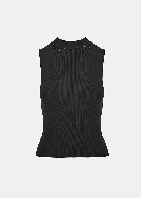 Sleeveless ribbed top with pearls