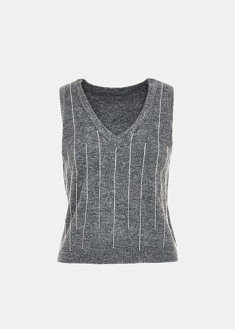 Sleeveless sweater with decorative strass lines