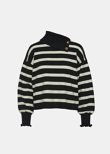 Striped turtle neck sweater with decorative buttons on the neck