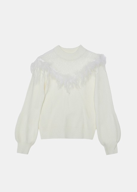 Kintted blouse with transparency and feathers