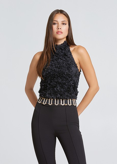 Halter neck top with applique flower