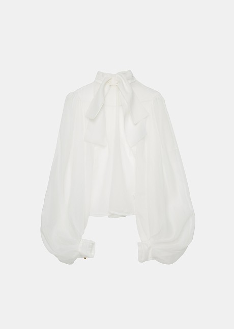 Transparent blouse with bold sleeves and bow