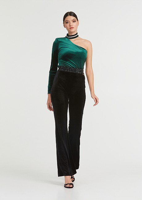 One- shoulder top in velvet look