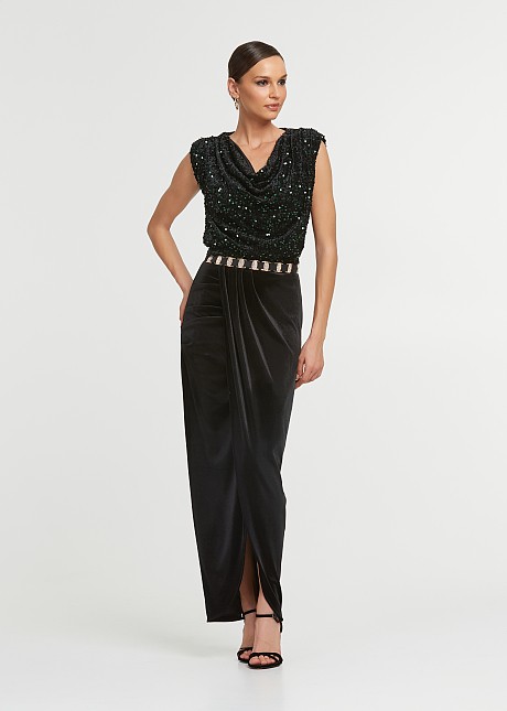 Sequin top with a draped neckline