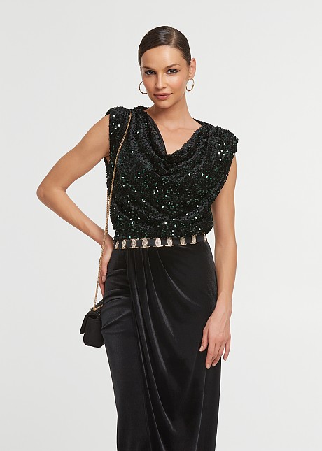 Sequin top with a draped neckline