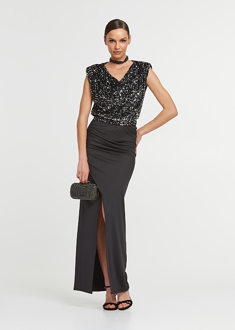 Sequin top with a draped neckline