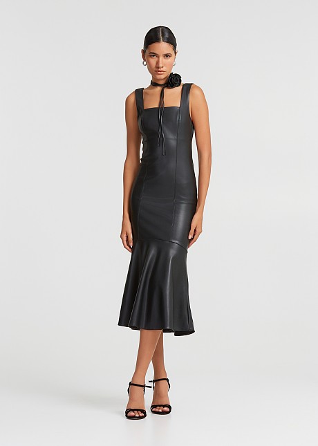 Midi dress in leather look with ruffles