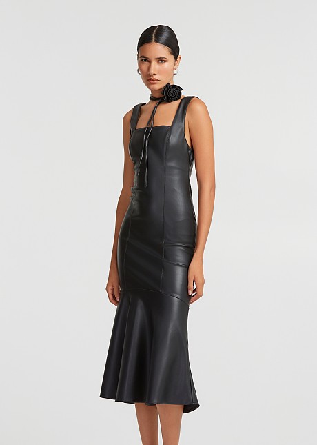 Midi dress in leather look with ruffles