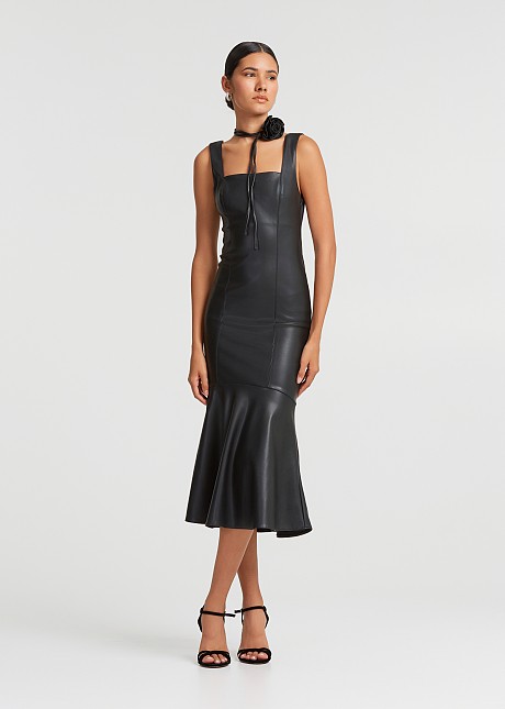 Midi dress in leather look with ruffles