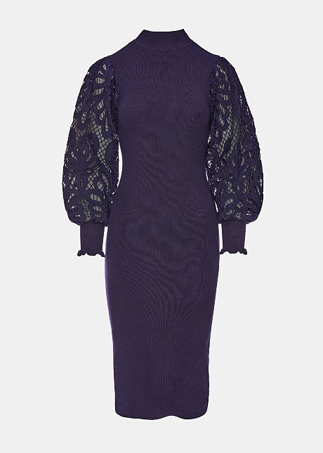 Midi dress with guipure lace sleeves