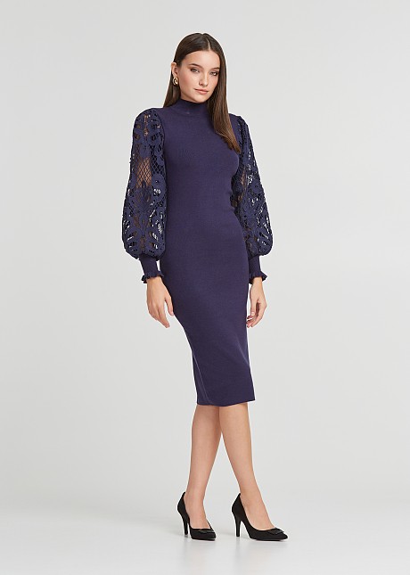 Midi dress with guipure lace sleeves