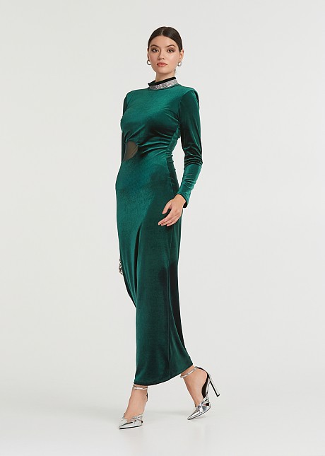 Maxi dress in velvet look with a slit in the middle