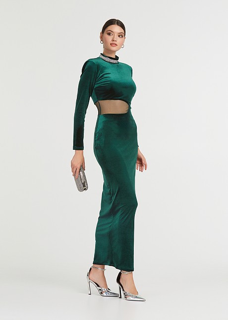 Maxi dress in velvet look with a slit in the middle