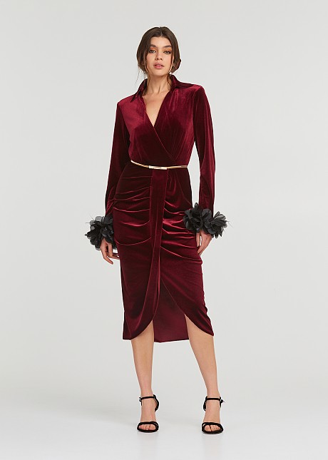 Dress in velvet look with feathered cuffs