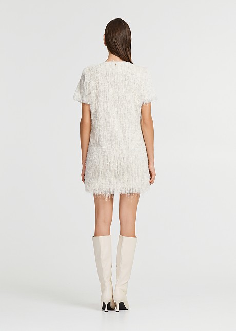 Mini sort-sleeved hairy tassel dress