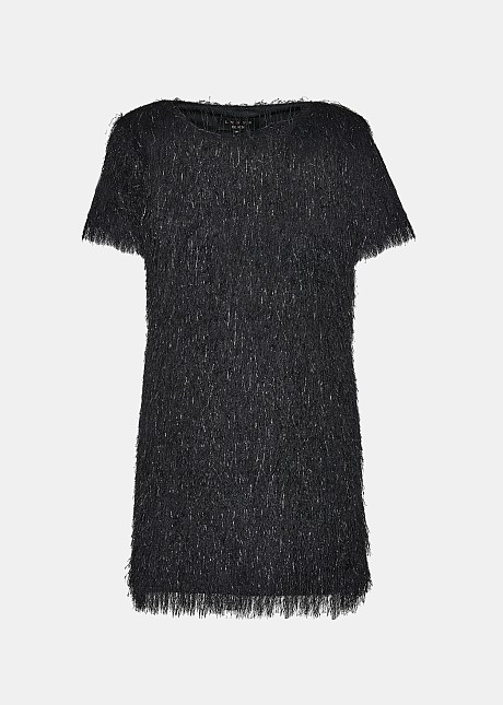 Mini sort-sleeved hairy tassel dress