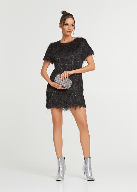 Mini sort-sleeved hairy tassel dress