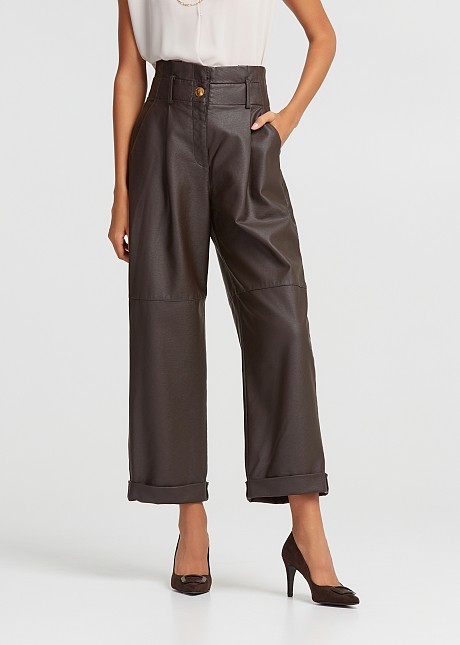 High waisted baggy pants in leather look