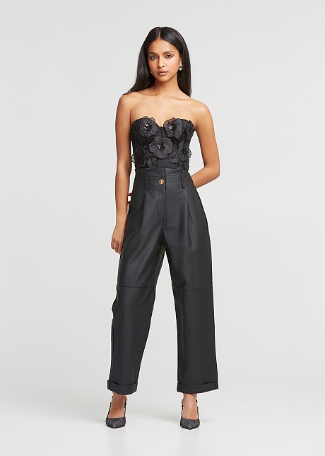 High waisted baggy pants in leather look