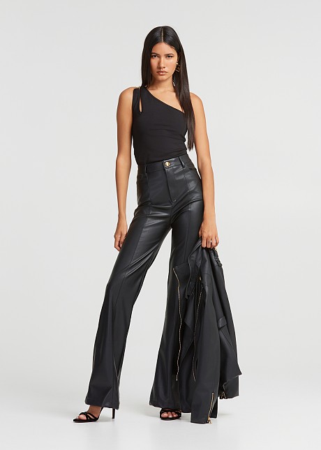 Pantaloni wide leg cu aspect de piele