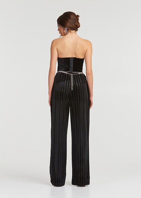 Pants in velvet look with strass stripes