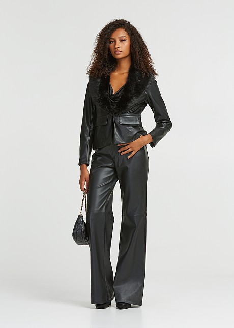 Jacket with leather look and detachable faux fair