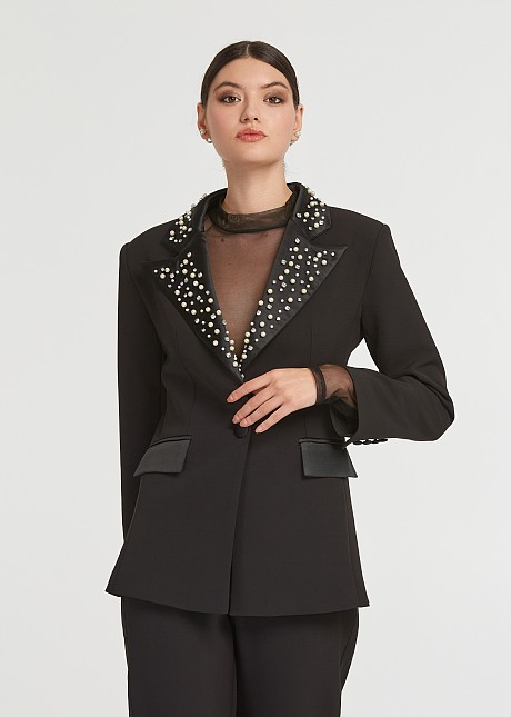 Blazer with decorative rhinestones on the collar