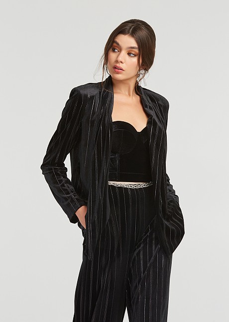 Blazer with a velvet look and strass stripes