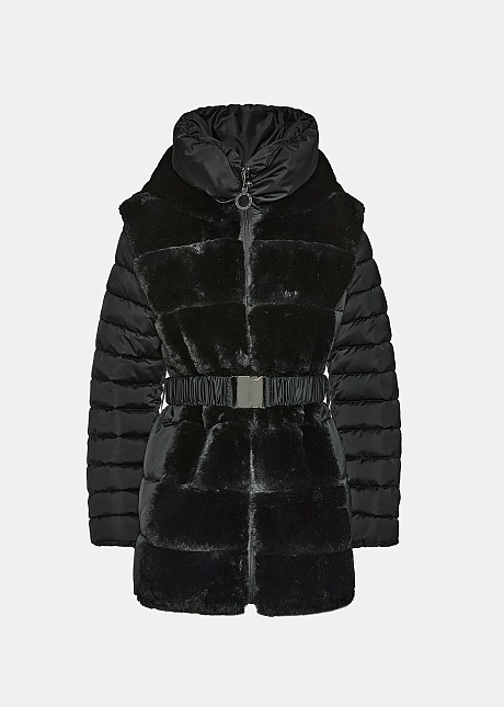 Quilted mid length jacket with faux fur