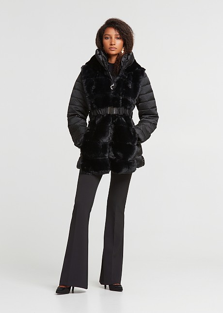 Quilted mid length jacket with faux fur