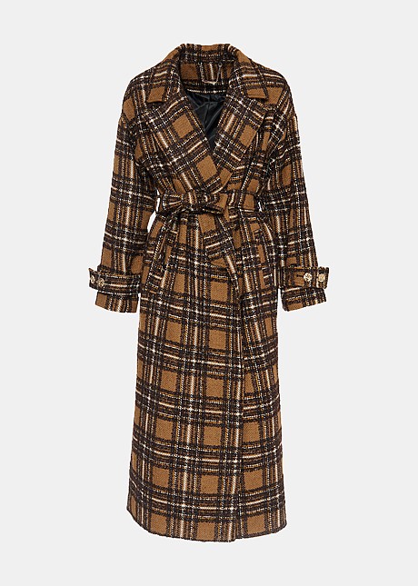 Longline tartan overcoat in brown