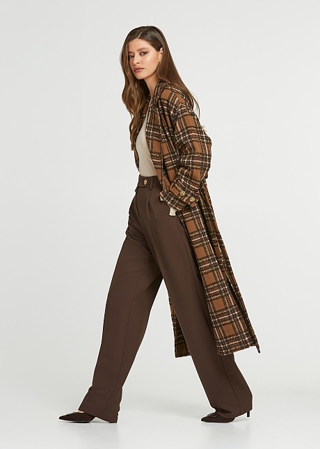 Longline tartan overcoat in brown