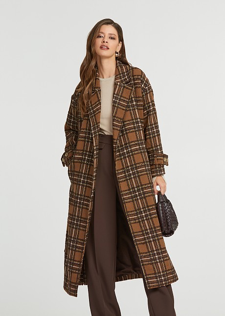 Longline tartan overcoat in brown