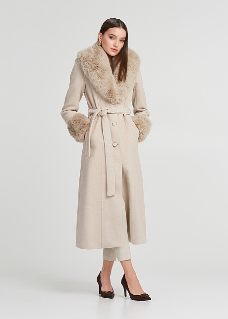 Longline wool coat with faux fur