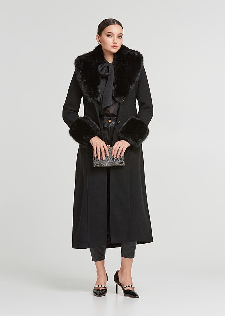 Longline wool coat with faux fur