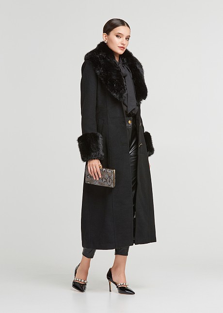 Longline wool coat with faux fur