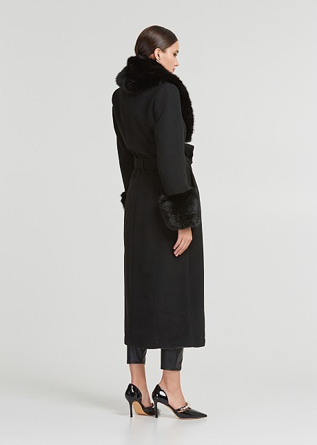 Longline wool coat with faux fur