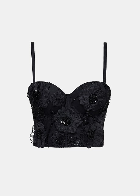 Top bralette negru decorat cu mărgele