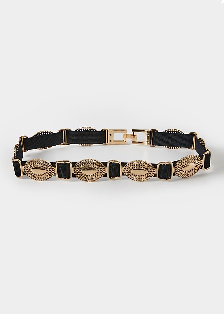 Elasticated belt with metal elements in gold