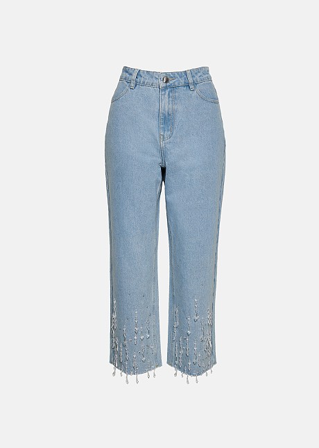 Cropped denim pants in crystals