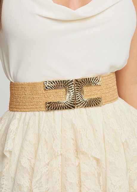 Square buckle raffia belt