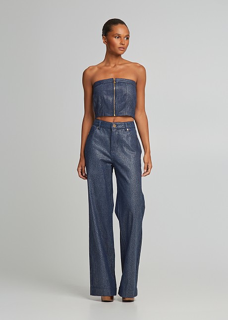 Wide leg foil pants in denim look | LYNNE