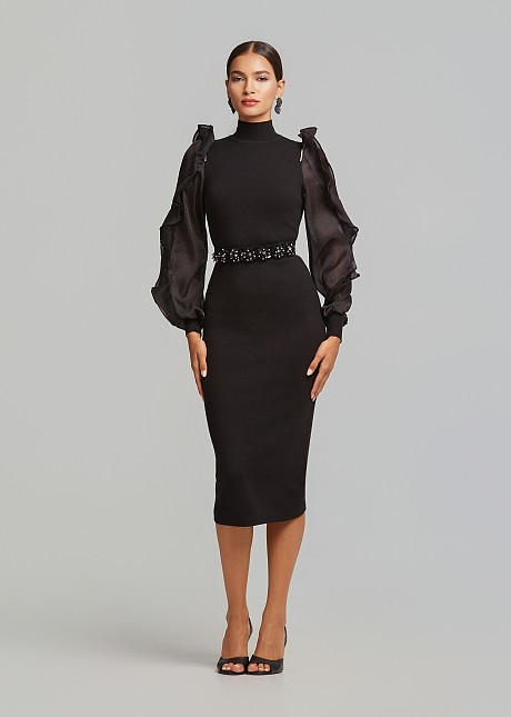 Knitted dress in frilled puffed sleeves | LYNNE