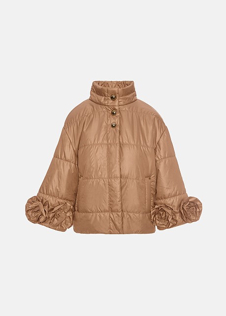 Cape line puffer in floral appliqué details