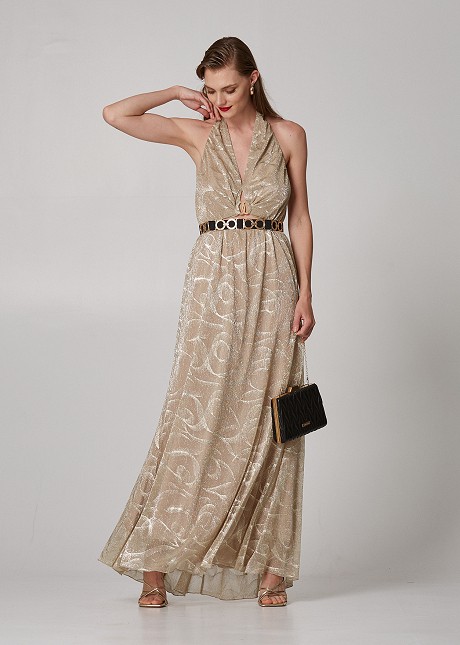 Дълга лурекс рокля с метален детайл
