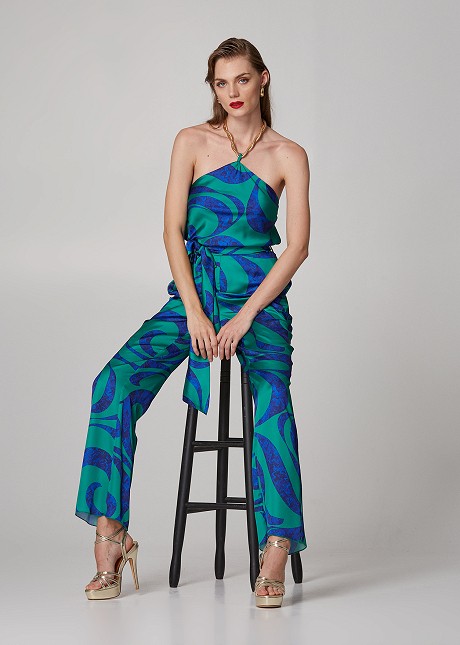 High rise printed satin look trousers
