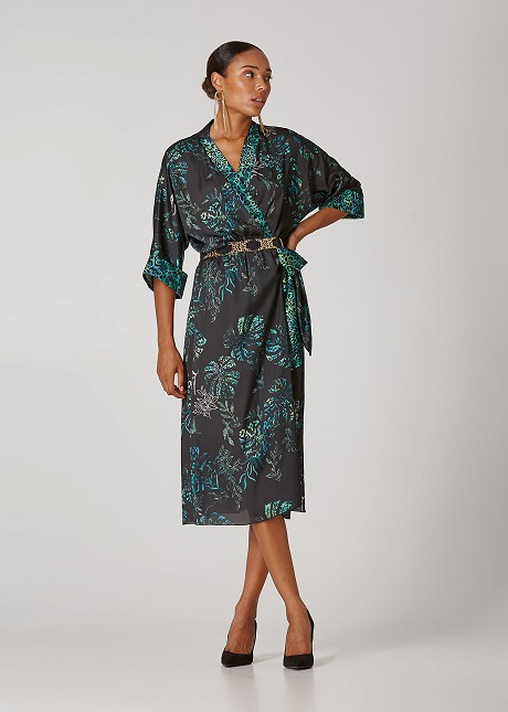 Μίντι κρουαζέ φόρεμα με φύλλα και animal print
