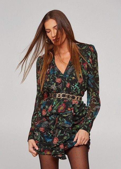 Printed mini dress with bold shoulders